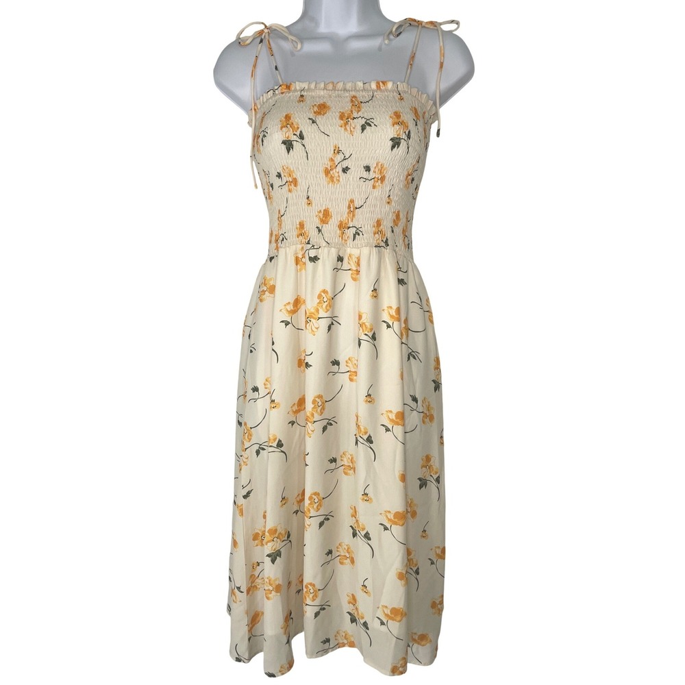 Rihoas Womens Smocked Floral Tie Shoulder Midi Sundress S Yellow‎ Cottagecore